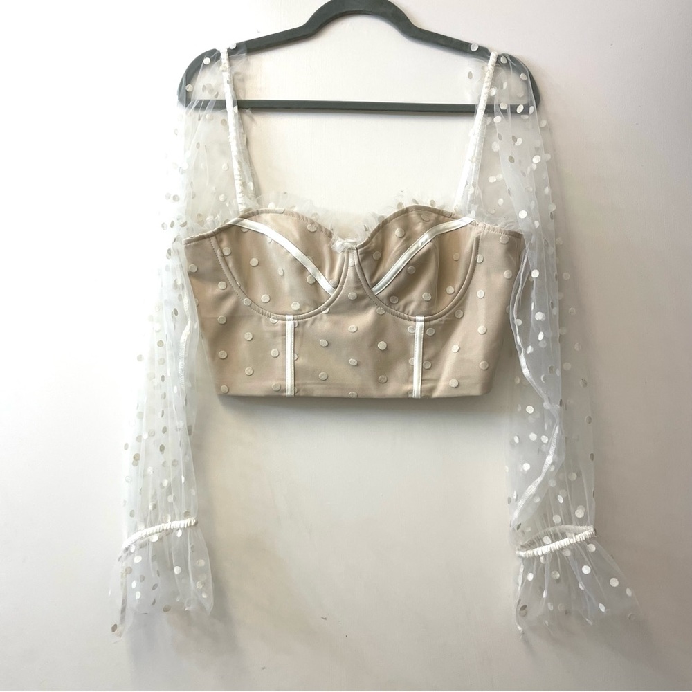 Runaway the Label Nude Polka Dot Mesh Long Sleeve Corset Crop Top - Picture 2 of 12